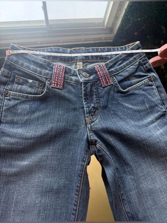 bebe Blue Denim Bootcut Jeans with Pink Rhinestone Logo - Picture 11 of 12